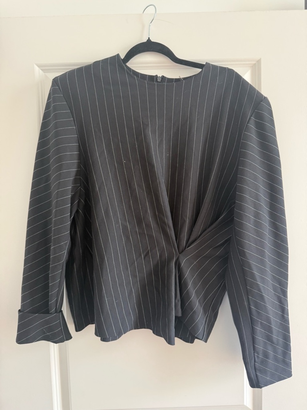 COS Pinstripe Twist-Front Blouse Size L Black Excellent